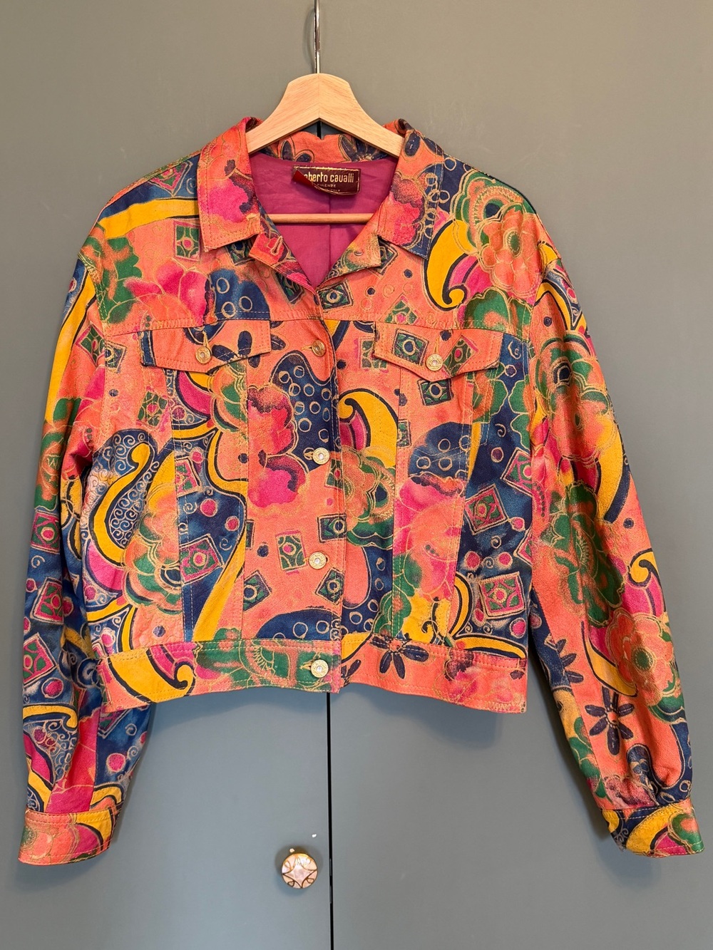 Rare Vtg 70s Roberto Cavalli hand painted real leather jacket size S/M